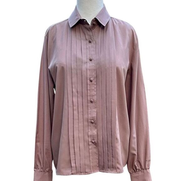 Vintage Josephine Salmon Pink Pleated Button-Up Blouse Size 12 - Picture 1 of 10
